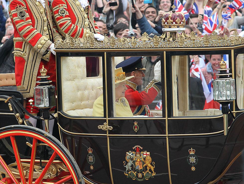 london, united kingdom   april 29  queen elizabeth ii and prince philip, duke of edinburgh arrive at the mall after the royal wedding of prince william to catherine middleton at westminster abbey on april 29, 2011 in london, england photo by fred duvalfilmmagic