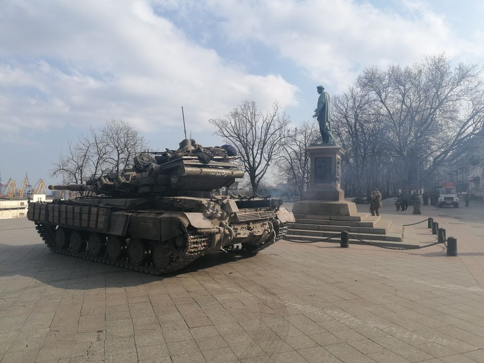 odessa, ukraine   february 24 an ukrainian military tank is seen near potemkin stairs in the centre of odessa after russias military operation in ukraine on february 24, 2022 photo by stringeranadolu agency via getty images