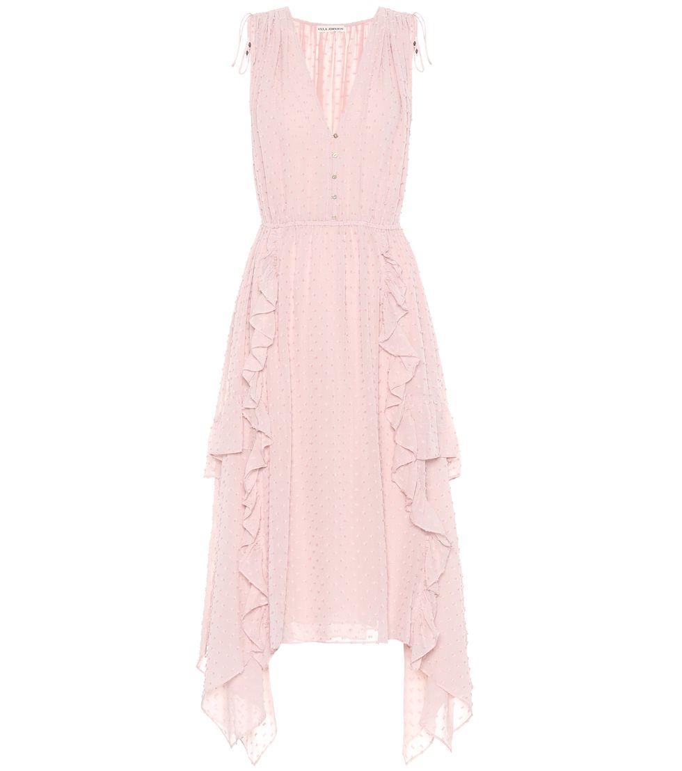 Clothing, Dress, Day dress, Pink, Cocktail dress, Gown, Lace, Ruffle, Strapless dress, Neck, 