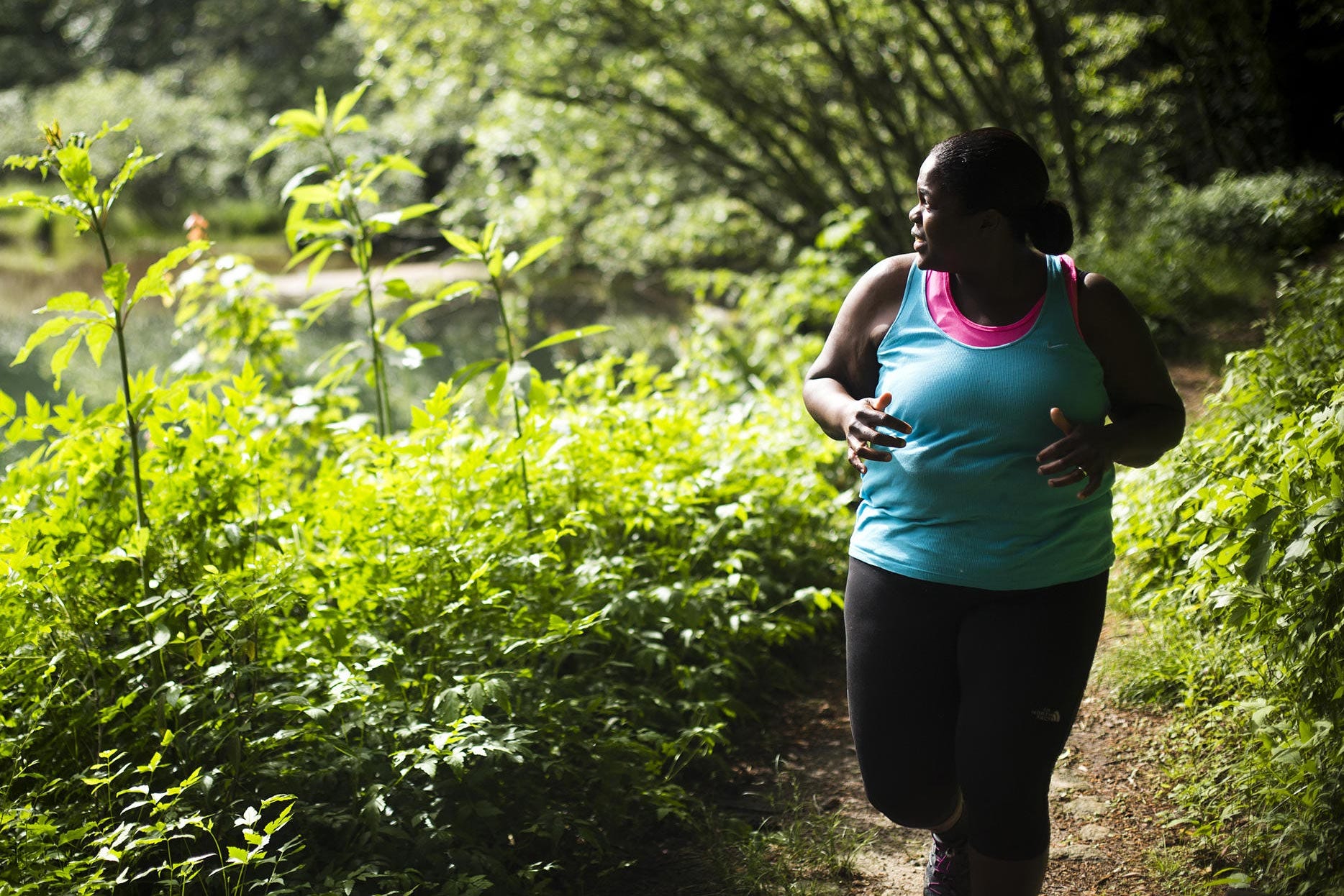 People in nature, Green, Nature, Natural landscape, Vegetation, Trail, Leaf, Tree, Running, Recreation, 