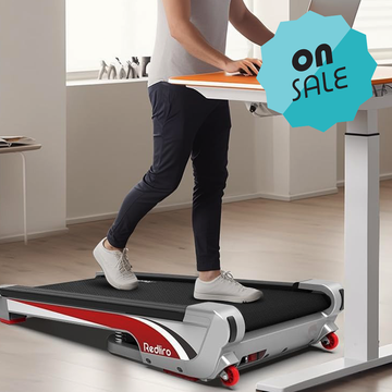 a person walking on a walking pad Rosa a desk, on sale