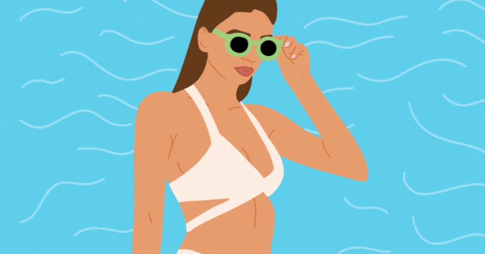 Eyewear, Bikini, Swimwear, Aqua, Glasses, Sun tanning, Goggles, Sunglasses, Summer, Illustration, 