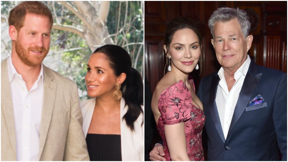 a split image of meghan markle and prince harry with katharine mcphee and david foster