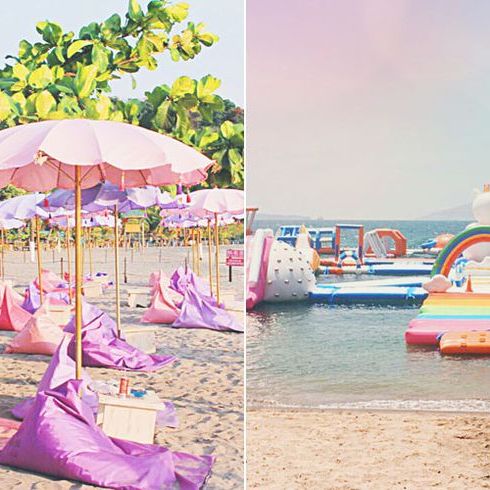 Umbrella, Pink, Summer, Beach, Vacation, Leisure, Fun, Fashion accessory, Sea, Sand, 