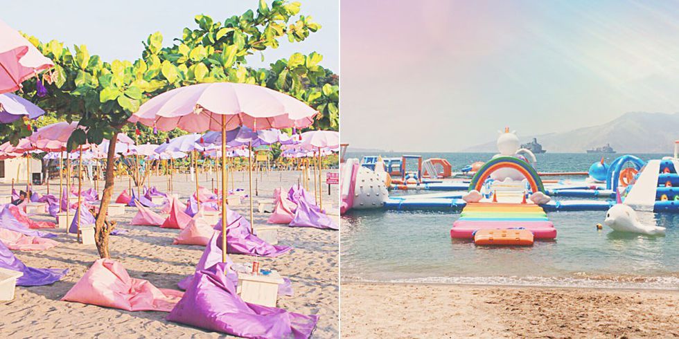 Umbrella, Pink, Summer, Beach, Vacation, Leisure, Fun, Fashion accessory, Sea, Sand, 