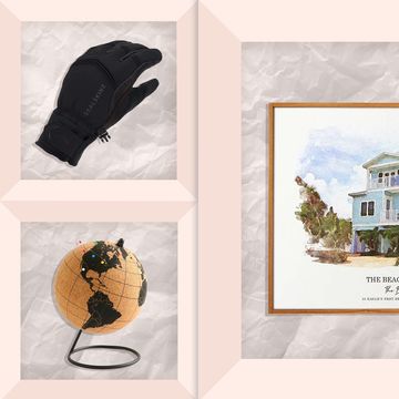 what i love about us book, gloves, framed painted scene, cork globe, camping hammock