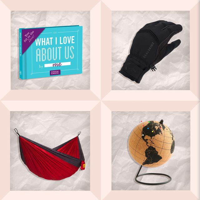 what i love about us book, gloves, framed painted scene, cork globe, camping hammock