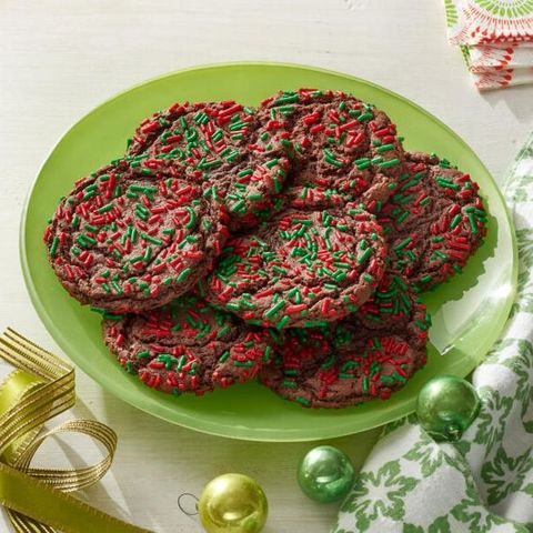 chocolate cake mix cookies with red and green sprinkles