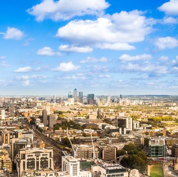 birds eye panoramic view of the united kingdom cityscape from the unusual and atypical camera angle