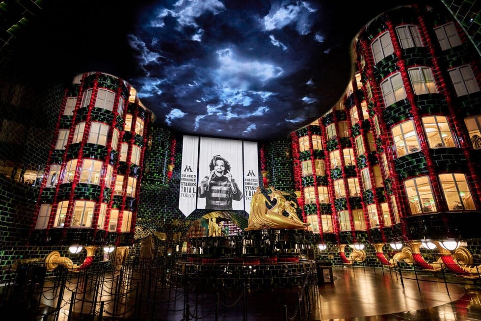 the battle at the ministry queueing area, with a giant portrait of dolores umbridge as she stands trial