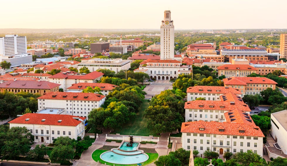 university of texas ut austin campus at sunset aerial view