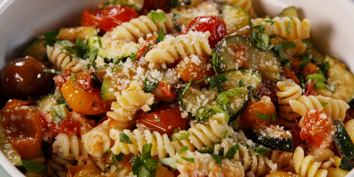 Video player poster image preview for Zucchini and Cherry Tomato Pasta | Delish + Land O'Lakes