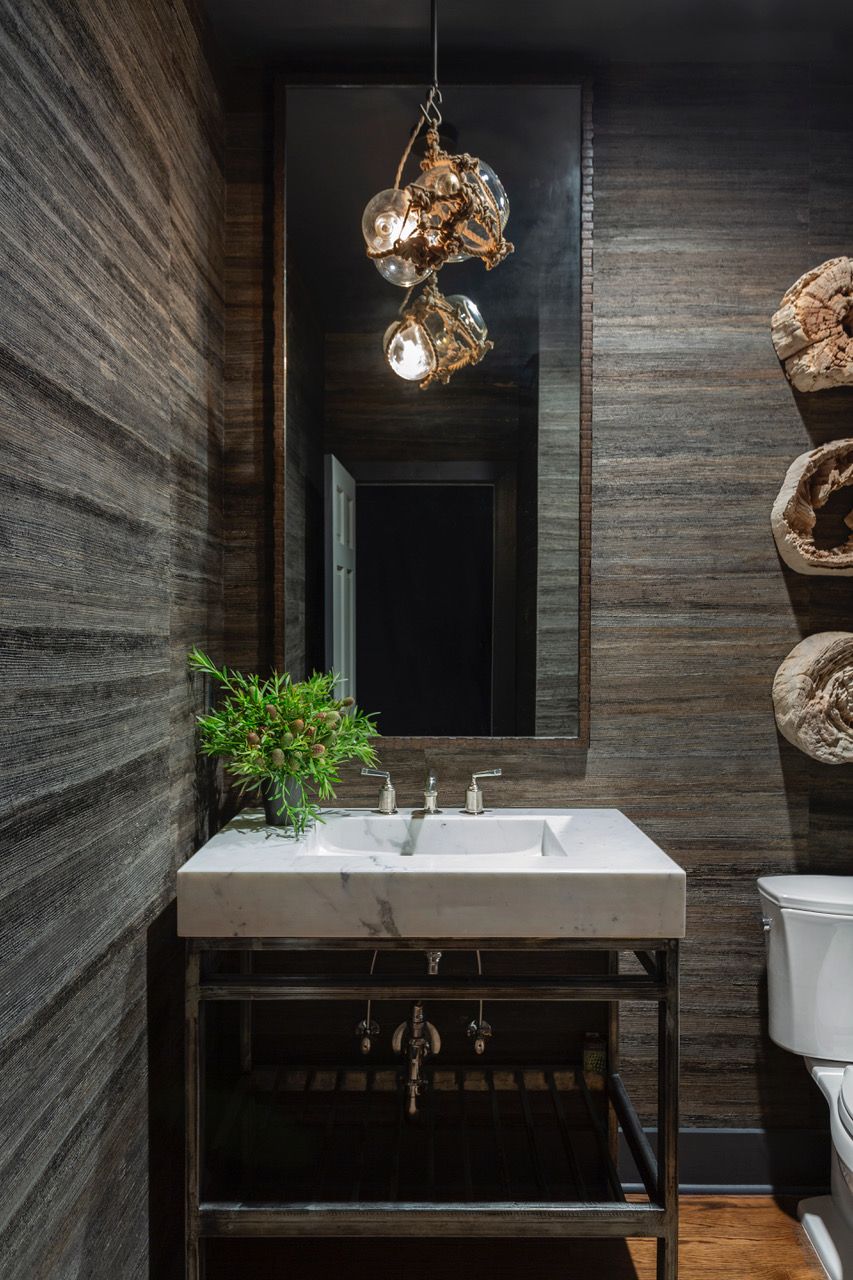 Beige Oak Washstand on Black Grasscloth Wallpaper  Transitional  Bathroom
