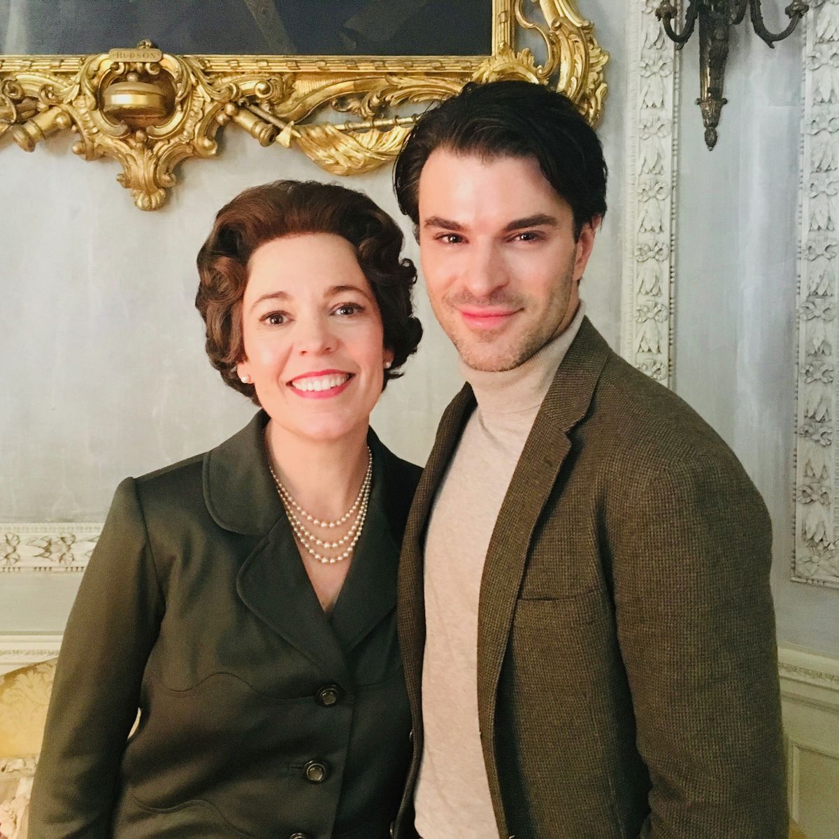 Gavin McLeod-Valentine and Olivia Coleman on set for The Crown
