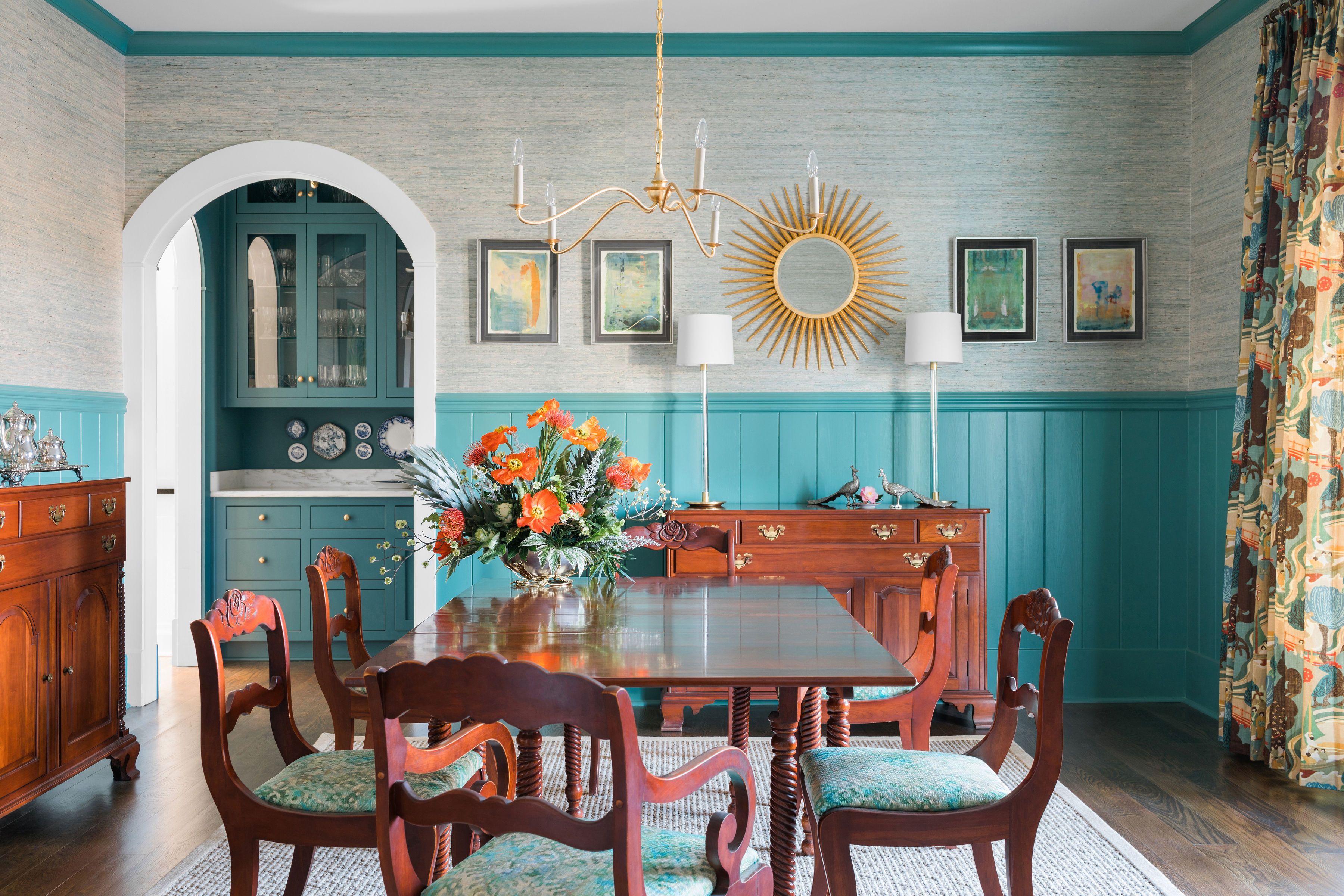 blue grasscloth wallpaper dining room
