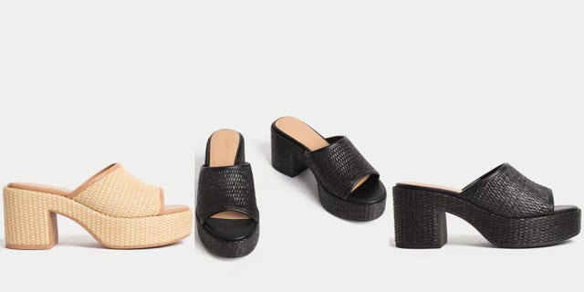 two pairs of stylish platform mules in light and dark colors