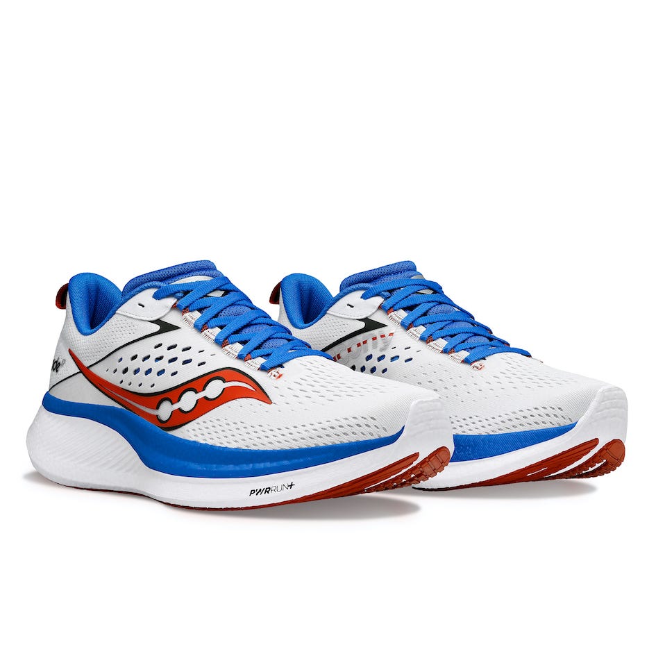a pair of blue and white tennis shoes