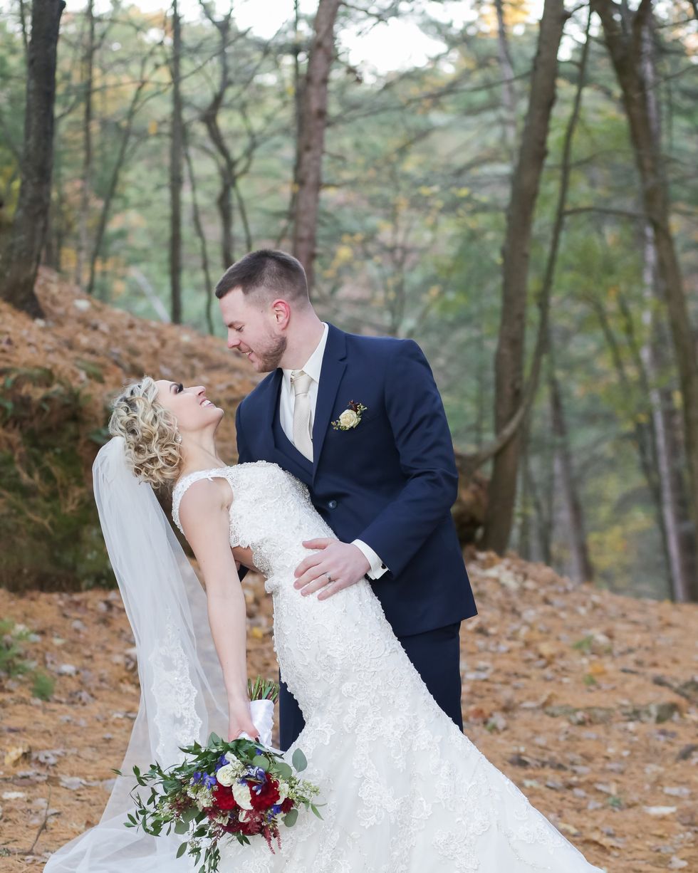 Bride, Wedding dress, Photograph, Gown, Dress, Bridal clothing, Woodland, Wedding, Ceremony, Natural environment, 