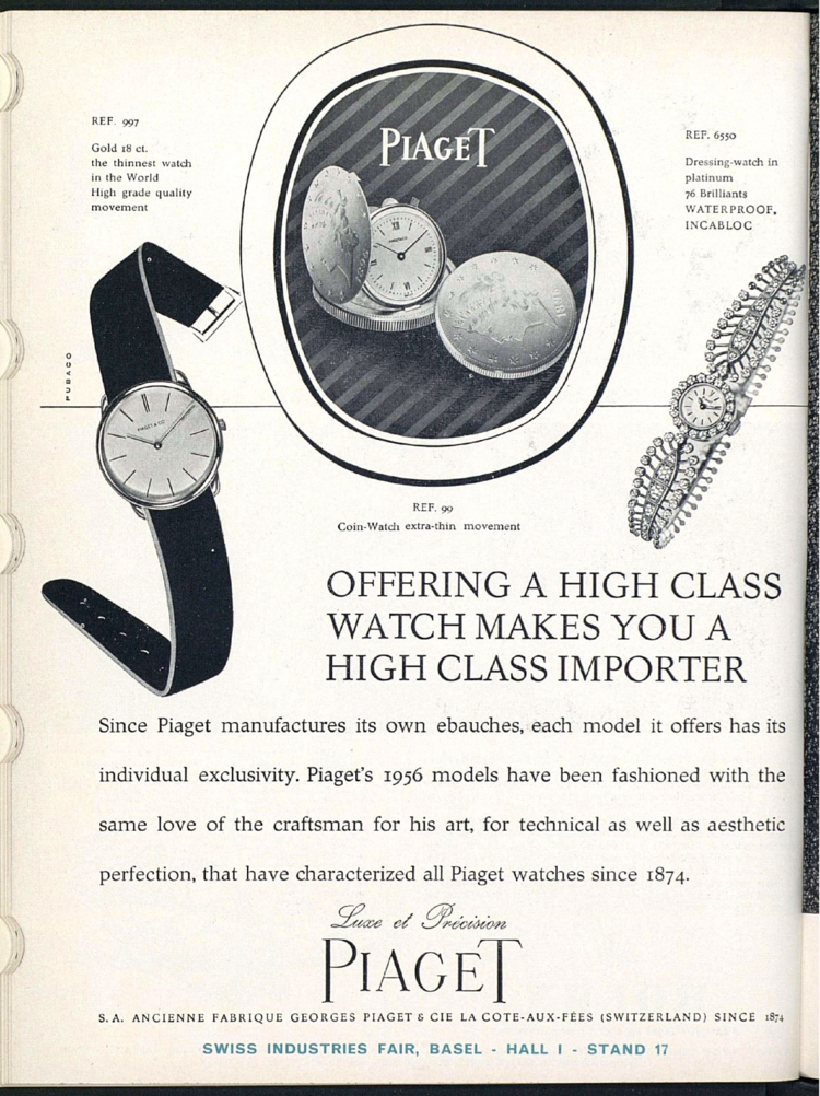 1956 advert featuring a ref 99 piaget coin watch with extra thin movement