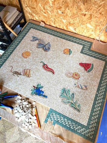 unswept floor mosaic by amy exton in progress