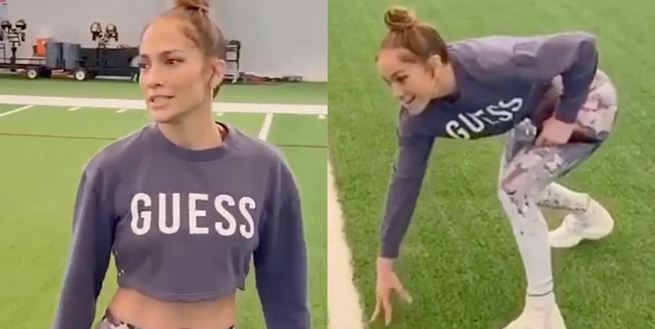 Jennifer Lopez shows off her toned body in a Guess crop top and leggings as  she