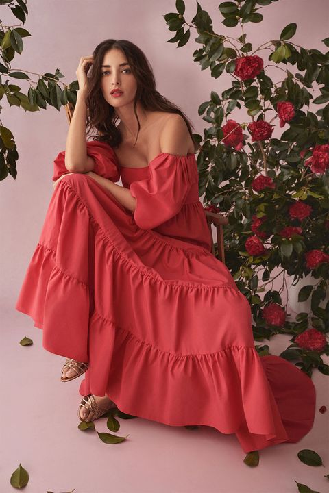 Clothing, Dress, Red, Gown, Pink, Shoulder, Photo shoot, Beauty, Formal wear, Fashion, 