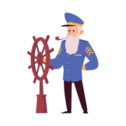 isolated vector icon of the sea captain behind the steering wheel