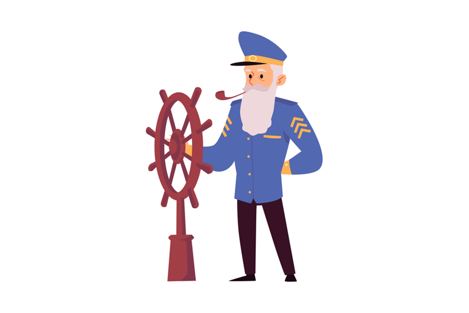 isolated vector icon of the sea captain behind the steering wheel