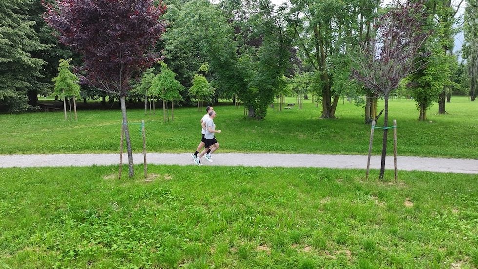 two runners testing the floatzig 1 trainers in a park