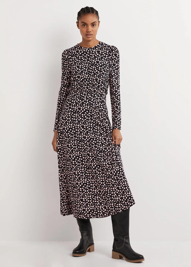 puff sleeve jersey midi dress