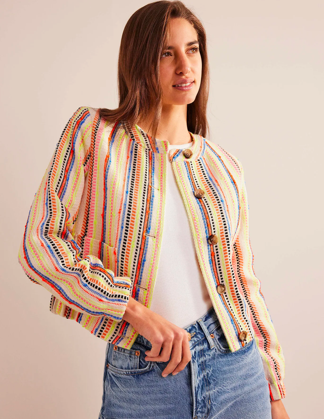 textured button jacket — ivory, multi stripe