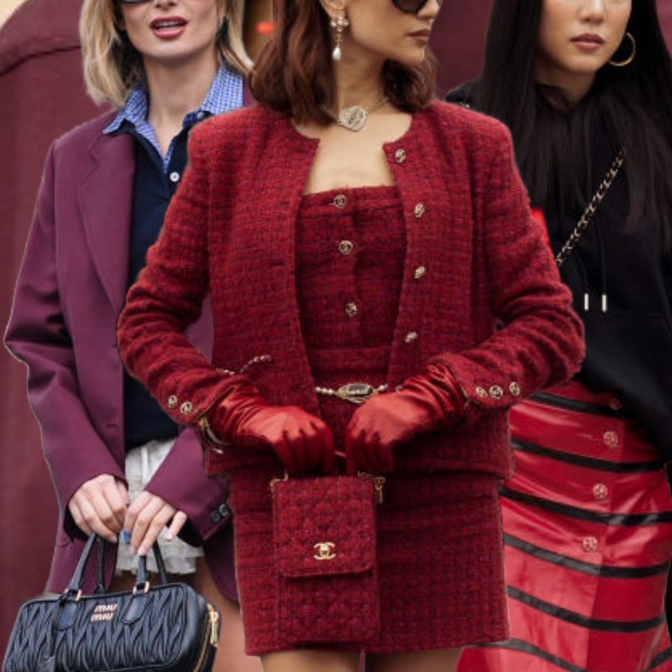 a group of women in a red dress