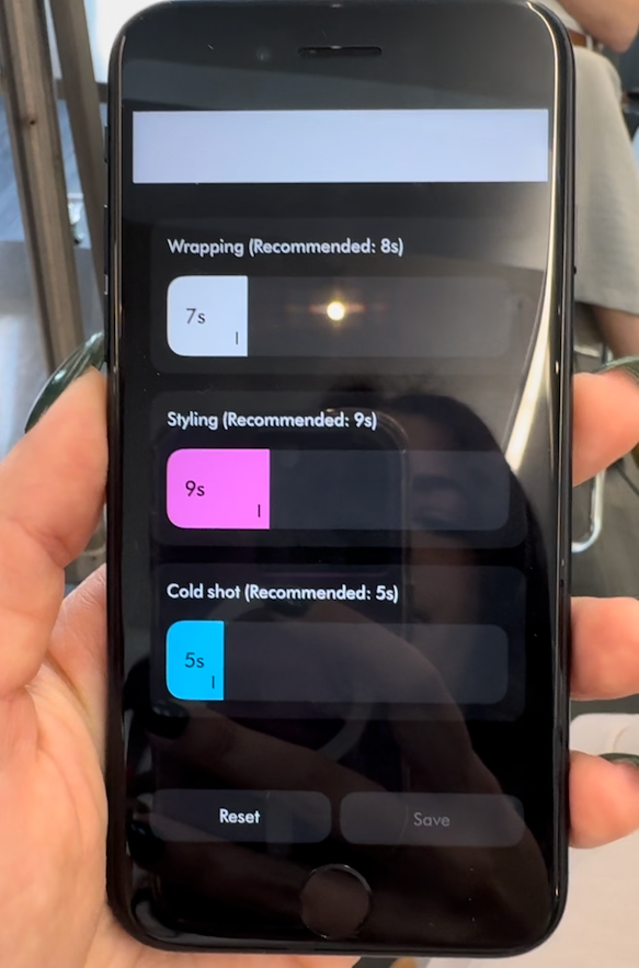 mobile app interface displaying timer settings for styling processes