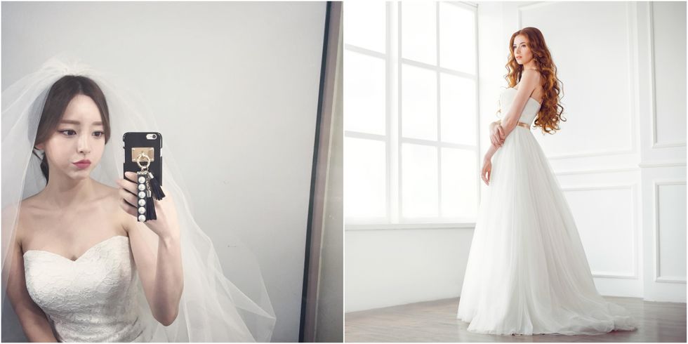 Dress, Wedding dress, Gown, Photograph, Clothing, White, Bridal clothing, Bride, Shoulder, Fashion, 