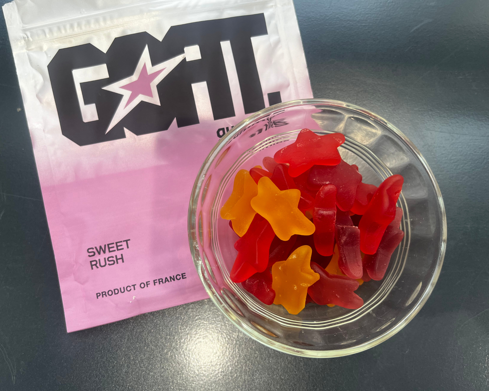 multi colored gummies in a glass ramekin