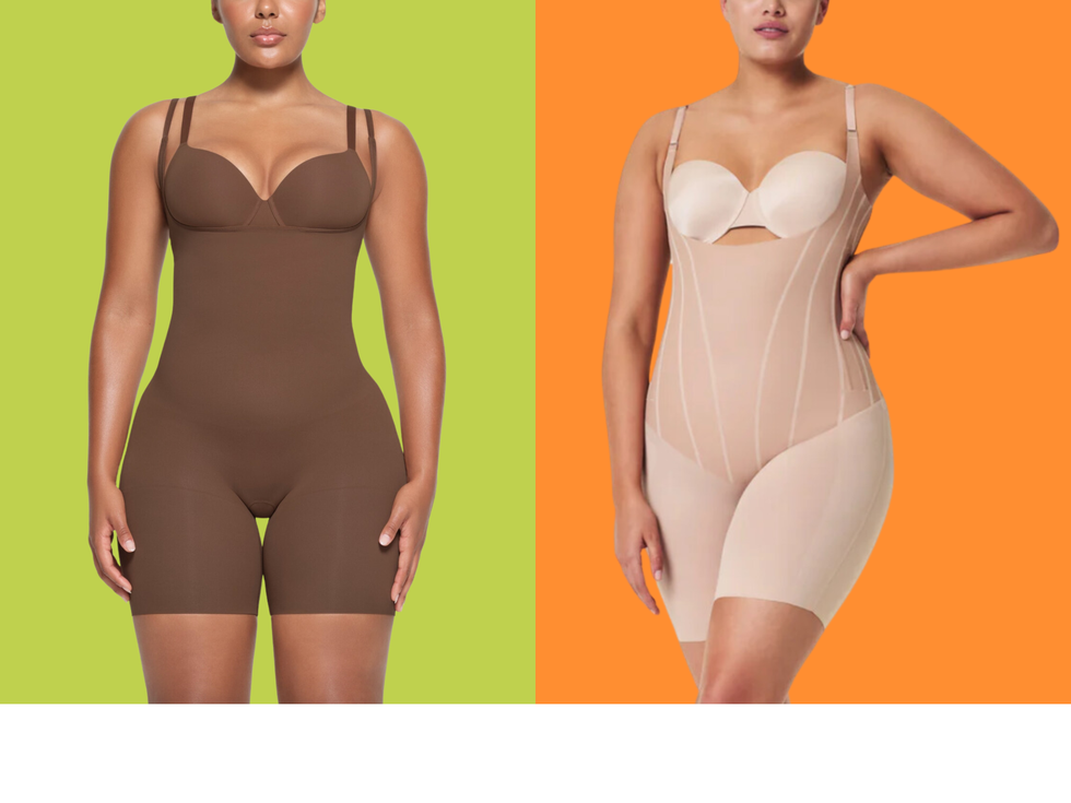 two shapewear garments from skims and spanx modeled by a woman on contrasting backgrounds