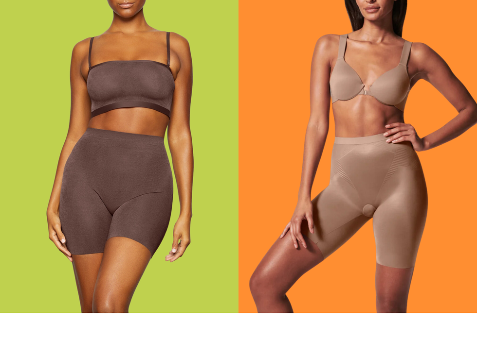 models showcasing two styles of shapewear from skims and spanx in earthy tones against vibrant backgrounds