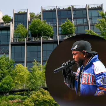 a modern building complex with greenery and a performer a modern building complex with greenery and a performer