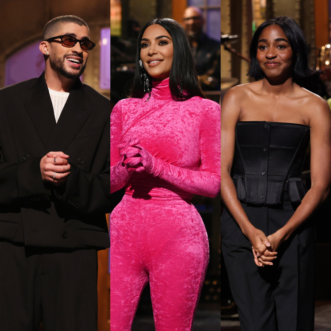 three individuals stand together each wearing distinctive outfits