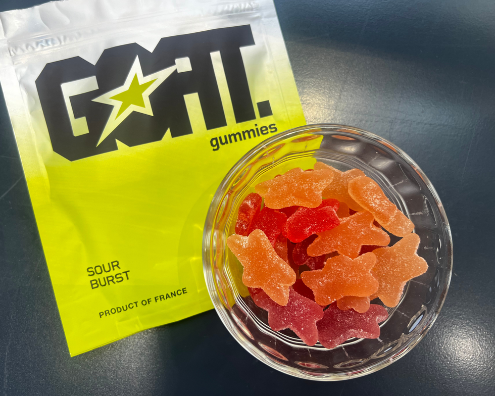 sour gummies in a glass ramekin