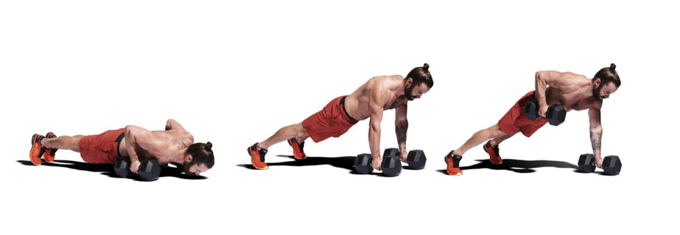 press up renegade row on dumbbells