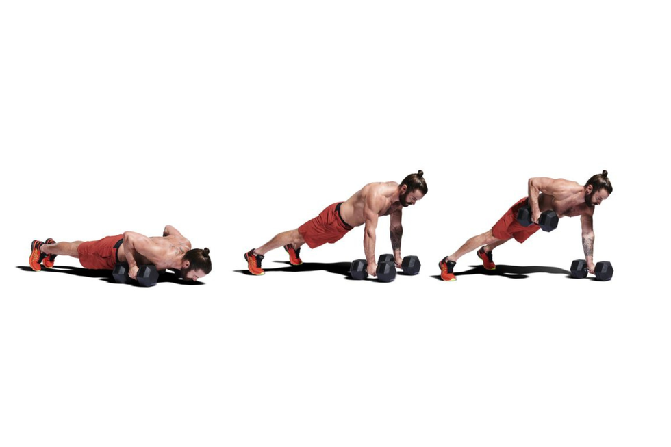 press up renegade row on dumbbells