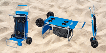 old bahama bay beach cart with big wheels for sand, collapsible utility folding beach wagon with four cup holders