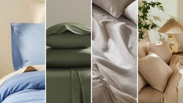 a collage of four brooklinen sheet sets styled in different ways
