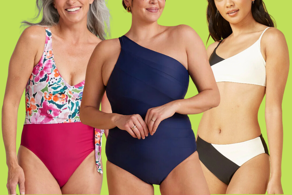 three swimsuit models wearing summersalt swimsuits against a green background