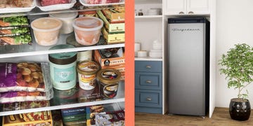 freezer shelves stocked with food, frigidaire upright freezer in kitchen