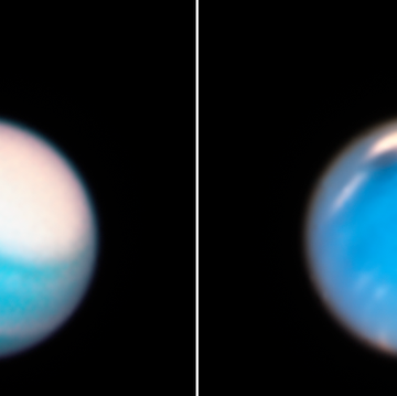 during its routine yearly monitoring of the weather on our solar system's outer planets, nasa's hubble space telescope has uncovered a new mysterious dark storm on neptune right and provided a fresh look at a long lived storm circling around the north polar region on uranus left