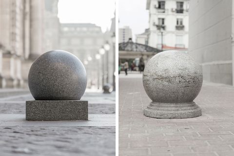 Op de trottoirs van Tianducheng rechts staan varianten van de stenen bollen die langs de straten van Parijs links zijn geplaatst