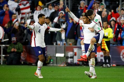 cincinnati, oh   november 12  weston mckennie 8 of the united states is congratulated by christian pulisic 10 and tyler adams 4 after scoring a goal during the second half of the fifa world cup 2022 qualifier match against mexico at tql stadium on november 12, 2021 in cincinnati, ohio the united states defeated mexico 2 0photo by kirk irwingetty images