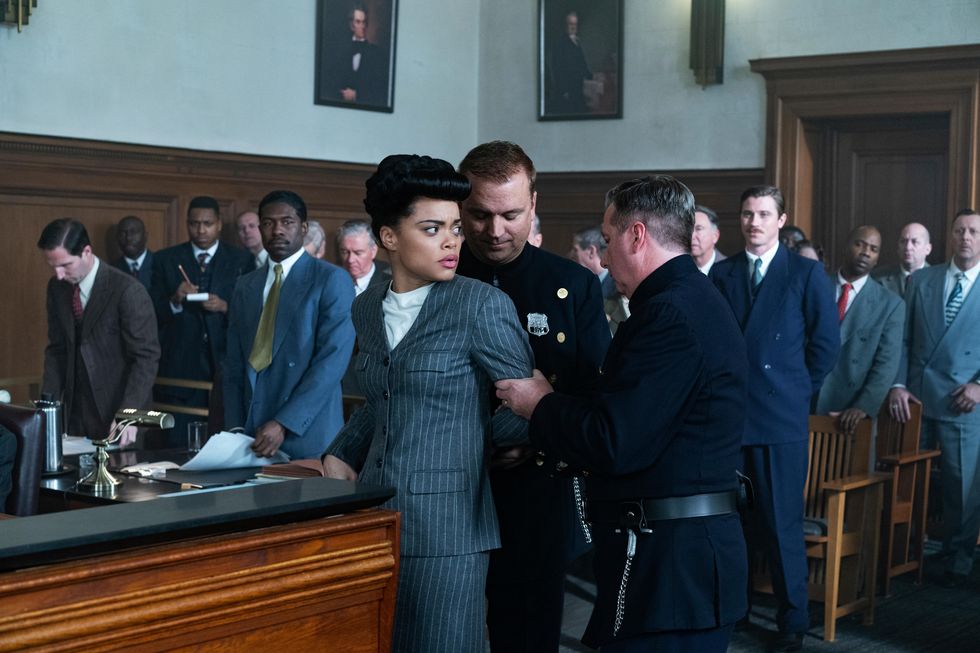 trevante rhodes, andra day, and garrett hedlund in the united states vs billie holiday from paramount pictures photo credit takashi seida